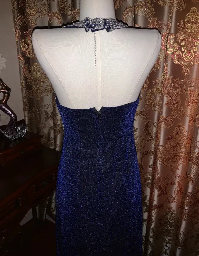 Glamorous Sheath Sweetheart-Neck Crystal-Embellished Navy Blue Maxi Prom Dress for Women ready to ship