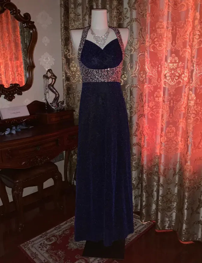 Glamorous Sheath Sweetheart-Neck Crystal-Embellished Navy Blue Maxi Prom Dress for Women ready to ship
