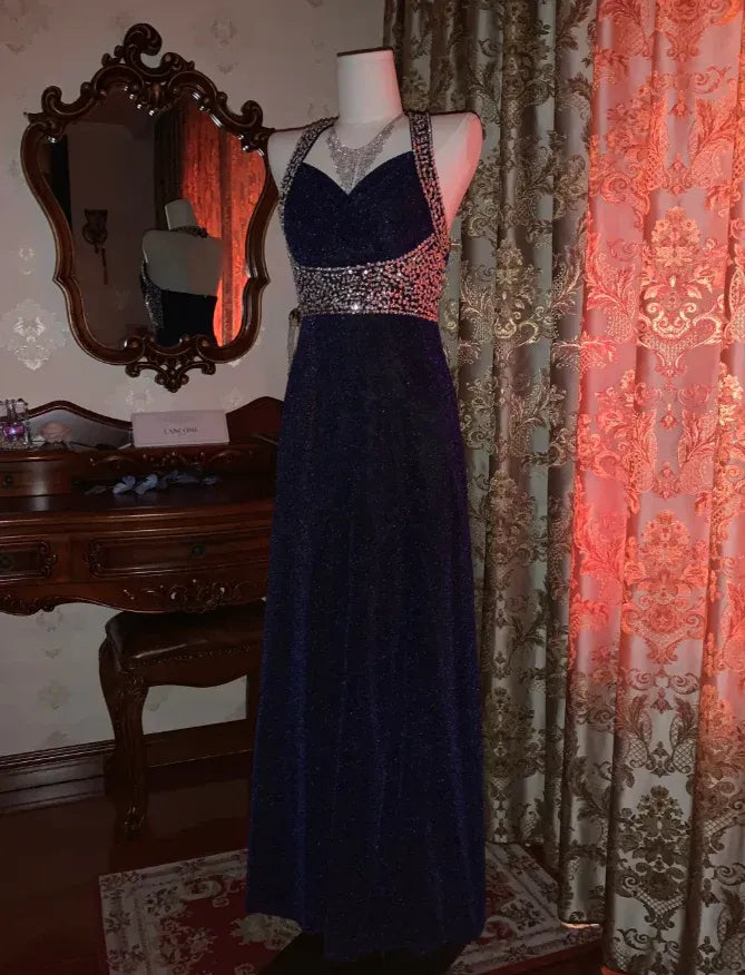 Glamorous Sheath Sweetheart-Neck Crystal-Embellished Navy Blue Maxi Prom Dress for Women ready to ship