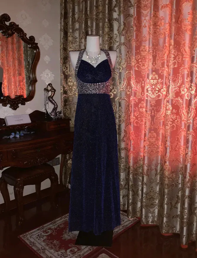 Glamorous Sheath Sweetheart-Neck Crystal-Embellished Navy Blue Maxi Prom Dress for Women ready to ship
