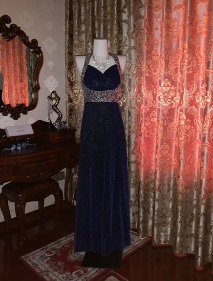 Glamorous Sheath Sweetheart-Neck Crystal-Embellished Navy Blue Maxi Prom Dress for Women ready to ship