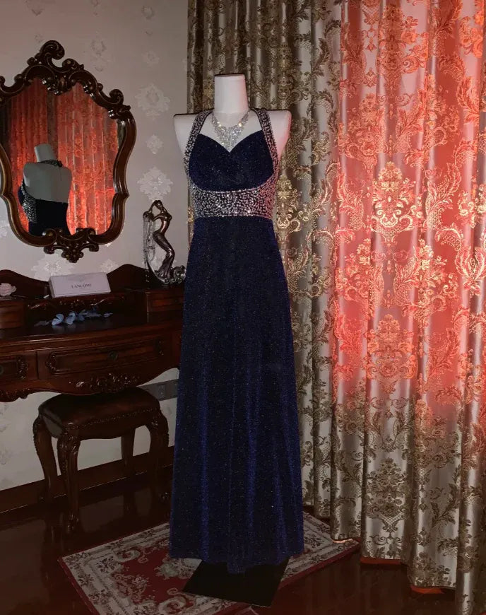 Glamorous Sheath Sweetheart-Neck Crystal-Embellished Navy Blue Maxi Prom Dress for Women ready to ship