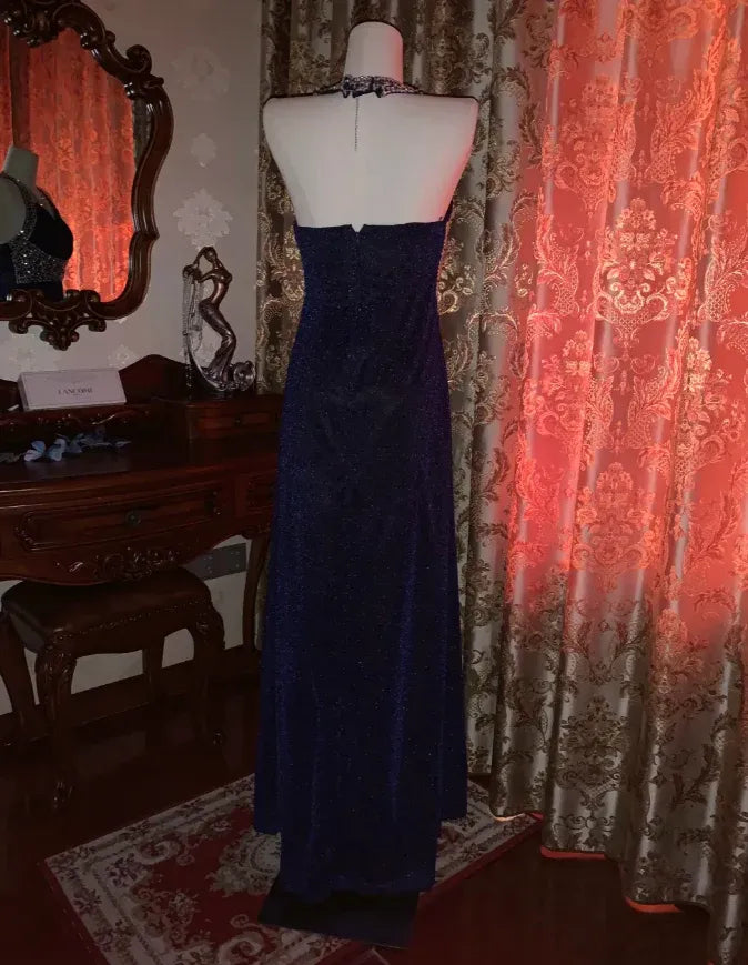 Glamorous Sheath Sweetheart-Neck Crystal-Embellished Navy Blue Maxi Prom Dress for Women ready to ship