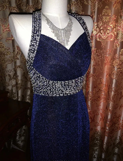 Glamorous Sheath Sweetheart-Neck Crystal-Embellished Navy Blue Maxi Prom Dress for Women ready to ship