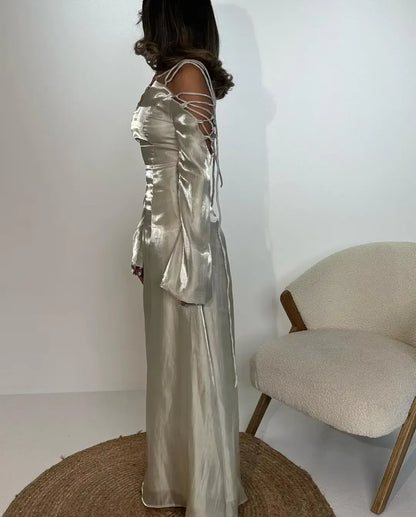 Glamorous Sheath V-Neck Long-Sleeve Cutout-Lace-Up Satin Champagne-Silver Floor-Length Evening Dress for Women
