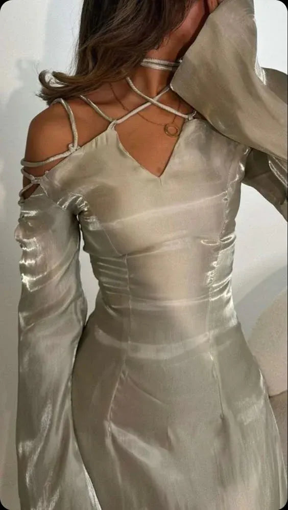 Glamorous Sheath V-Neck Long-Sleeve Cutout-Lace-Up Satin Champagne-Silver Floor-Length Evening Dress for Women