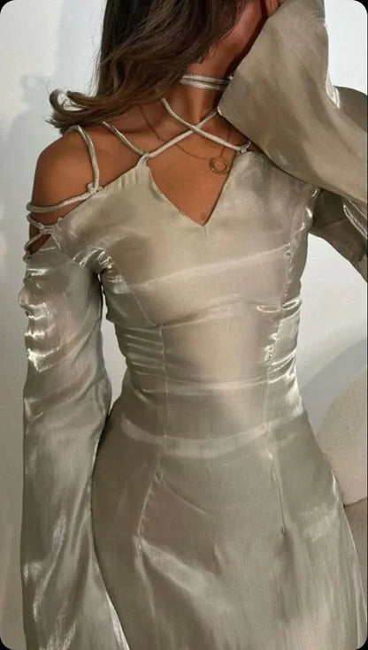 Glamorous Sheath V-Neck Long-Sleeve Cutout-Lace-Up Satin Champagne-Silver Floor-Length Evening Dress for Women