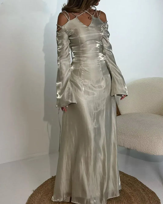 Glamorous Sheath V-Neck Long-Sleeve Cutout-Lace-Up Satin Champagne-Silver Floor-Length Evening Dress for Women