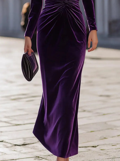 Glamorous Sheath V-Neck Puff Sleeve Ruched Velvet Purple Midi Evening Dresses