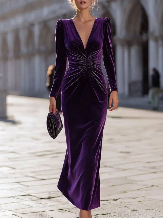 Glamorous Sheath V-Neck Puff Sleeve Ruched Velvet Purple Midi Evening Dresses