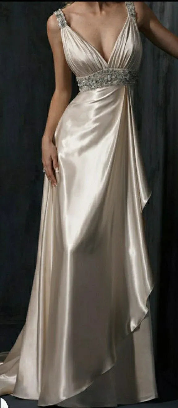 Glamorous Sheath V-Neck Sleeveless Beaded Champagne Maxi Prom Dress for Women Ready to Ship