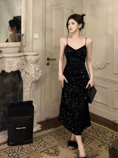Glamorous Sheath V-Neck Sleeveless Sequin-Accented Black Midi Prom Dress for Women hot sale