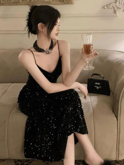 Glamorous Sheath V-Neck Sleeveless Sequin-Accented Black Midi Prom Dress for Women hot sale