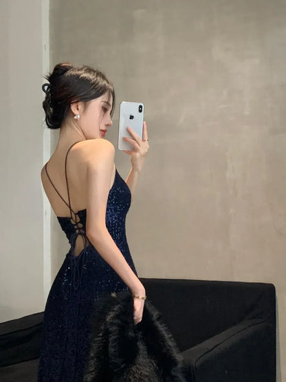 Glamorous Sheath V-Neck Sleeveless Sequin-Accented Navy Maxi Prom Dress for Women hot sale