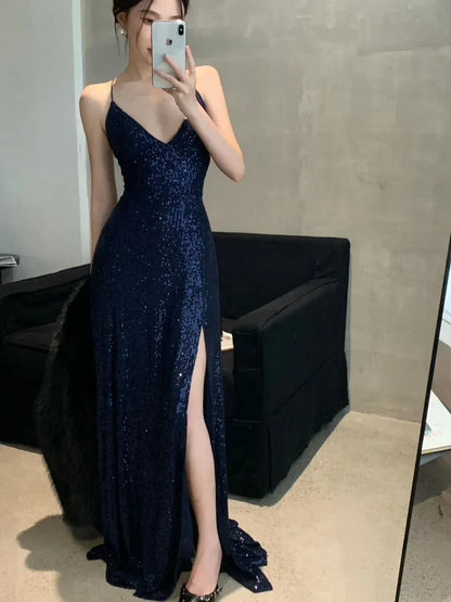 Glamorous Sheath V-Neck Sleeveless Sequin-Accented Navy Maxi Prom Dress for Women hot sale