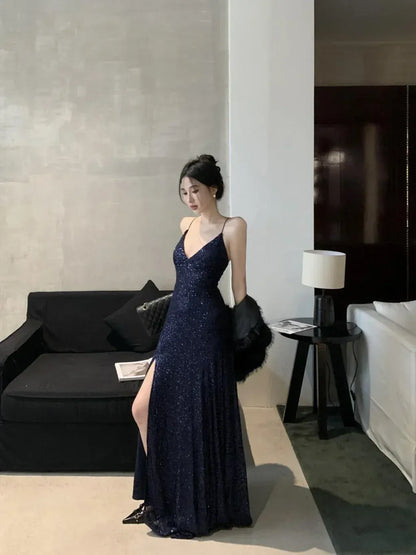 Glamorous Sheath V-Neck Sleeveless Sequin-Accented Navy Maxi Prom Dress for Women hot sale