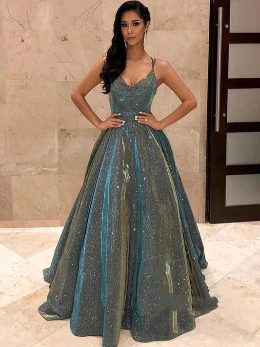 Glamorous Spaghetti Strap Sequin Teal Floor-Length Evening Dress