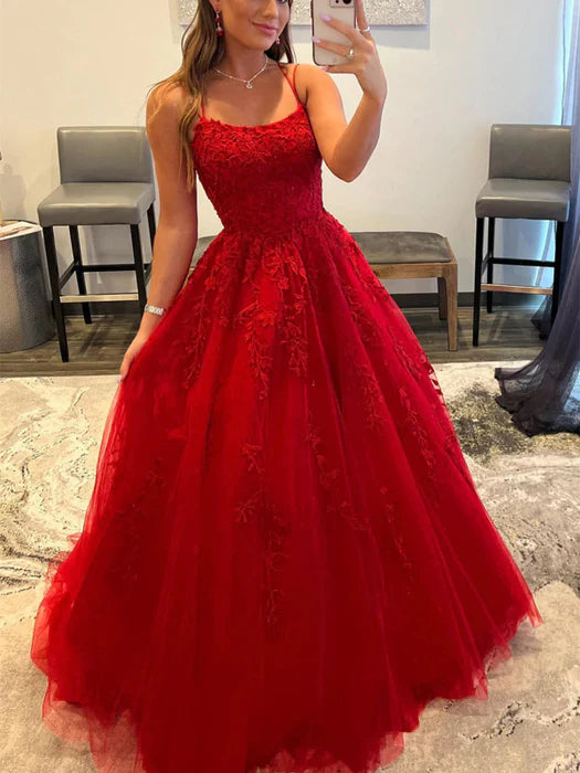 Glamorous Spaghetti Straps Lace Tulle Floor-Length Party Dress