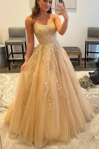Glamorous Spaghetti Straps Lace Tulle Floor-Length Party Dress