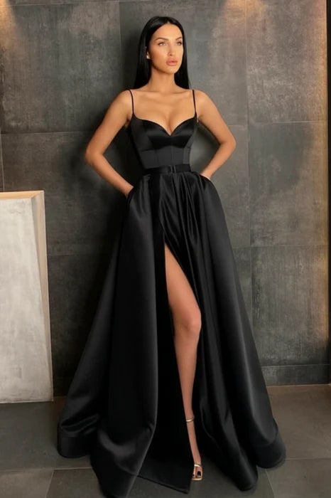 Glamorous Spaghetti Straps Satin Floor-Length Prom Dress