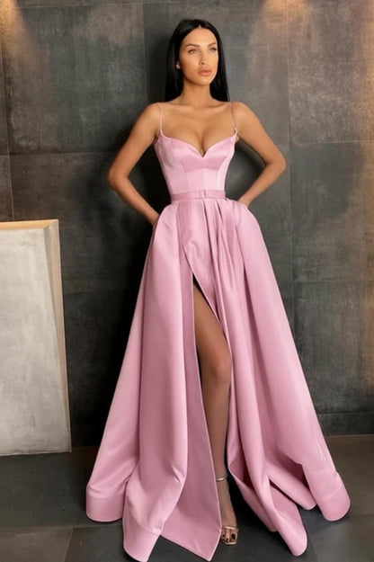 Glamorous Spaghetti Straps Satin Floor-Length Prom Dress