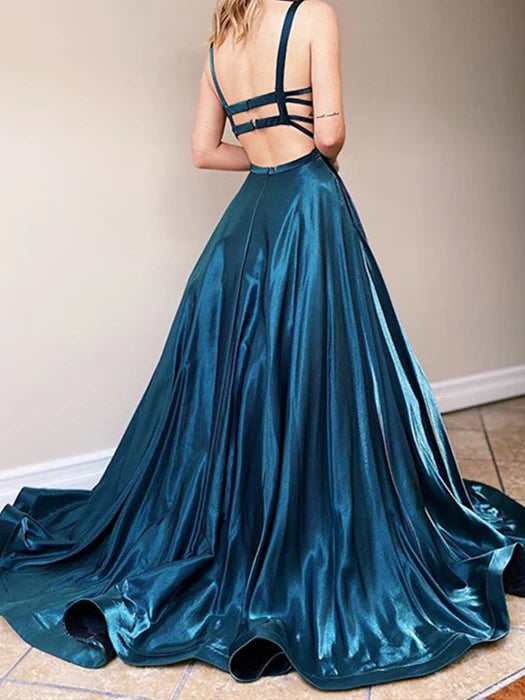 Glamorous Square Neck Sleeveless Satin Teal Floor-Length Prom Dress