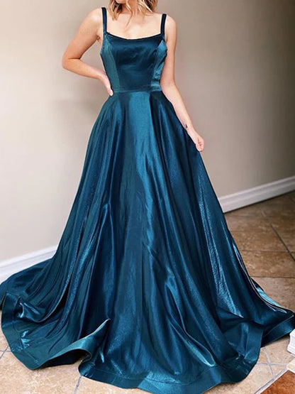 Glamorous Square Neck Sleeveless Satin Teal Floor-Length Prom Dress