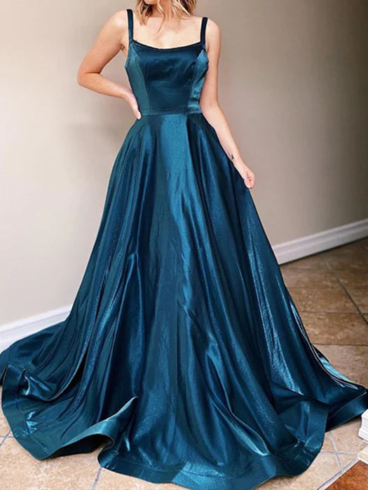 Glamorous Square Neck Sleeveless Satin Teal Floor-Length Prom Dress