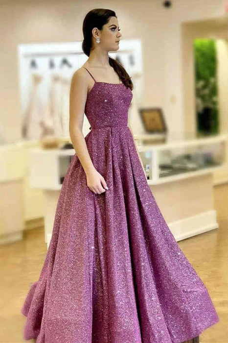 Glamorous Square Neck Spaghetti Strap Glitter Dark Purple Prom Dress