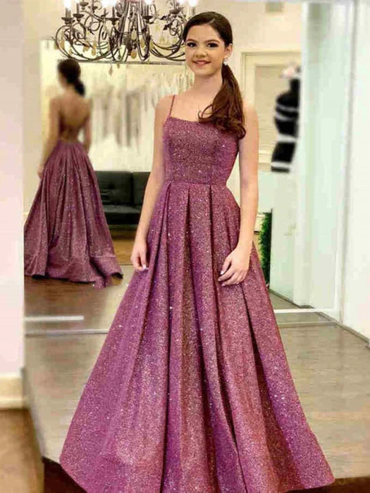 Glamorous Square Neck Spaghetti Strap Glitter Dark Purple Prom Dress