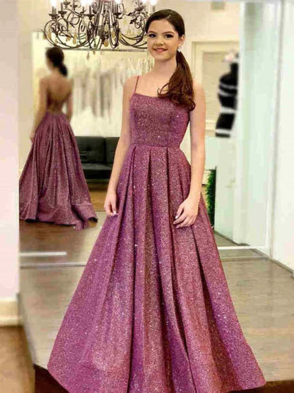 Glamorous Square Neck Spaghetti Strap Glitter Dark Purple Prom Dress