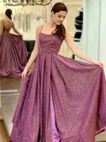 Glamorous Square Neck Spaghetti Strap Glitter Dark Purple Prom Dress