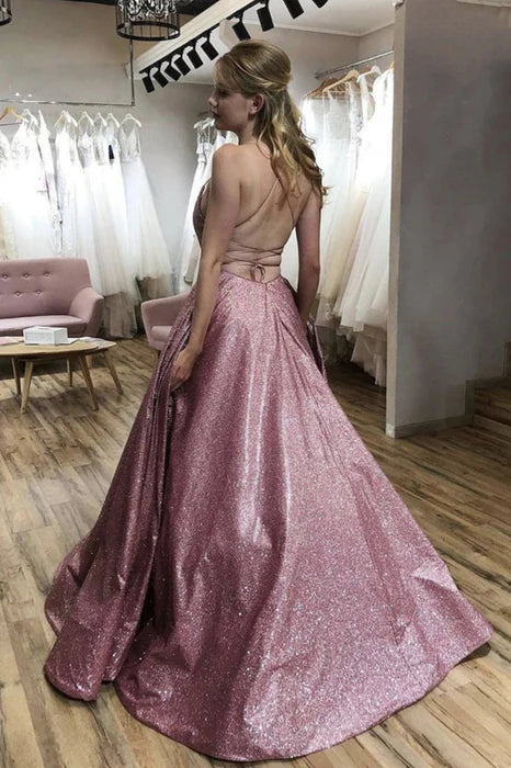 Glamorous Square Neck Spaghetti Strap Glitter Dusty Rose Prom Dress