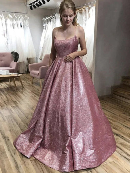 Glamorous Square Neck Spaghetti Strap Glitter Dusty Rose Prom Dress