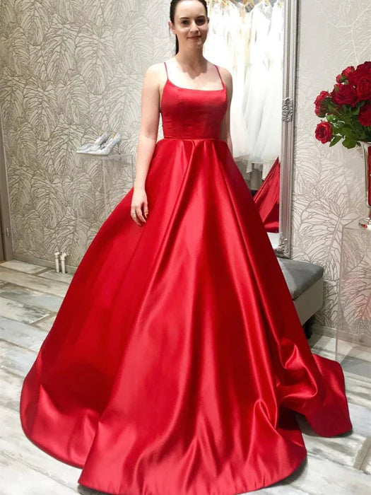 Glamorous Square Neck Spaghetti Strap Satin Red Floor-Length Prom Dress