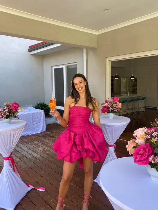 Glamorous Strapless Bow Back Bubble Hem Mini Party Dress Homecoming Dress