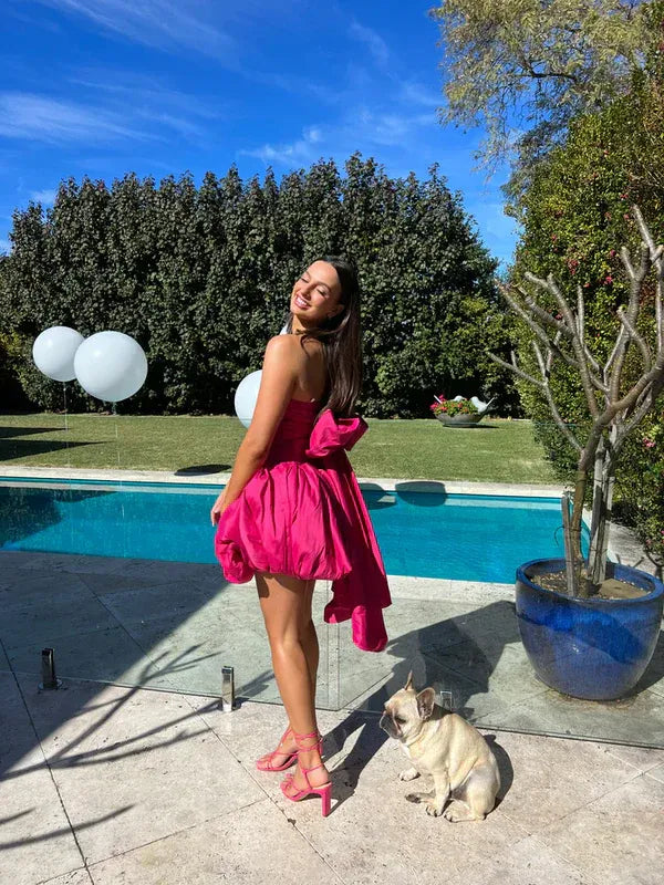 Glamorous Strapless Bow Back Bubble Hem Mini Party Dress Homecoming Dress