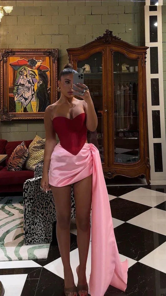 Glamorous Strapless Corset Draped Train Mini Party Dress Homecoming Dress