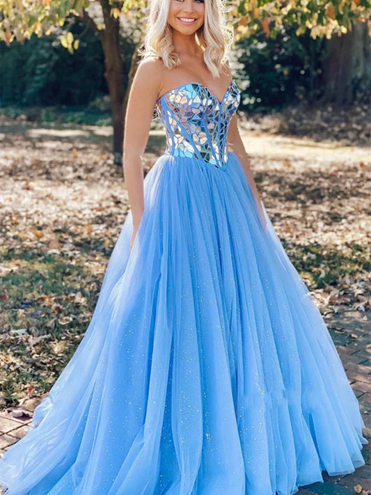 Glamorous Strapless Mirror Blue Floor-Length Party Dress