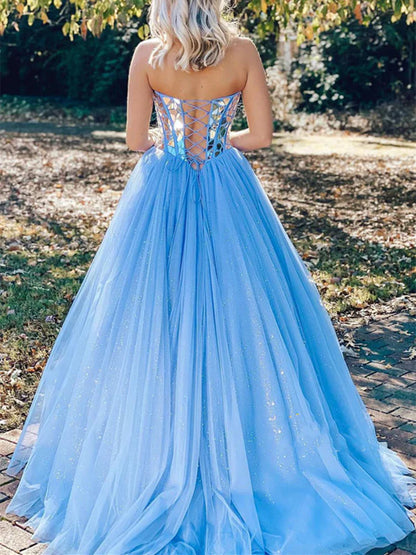 Glamorous Strapless Mirror Blue Floor-Length Party Dress
