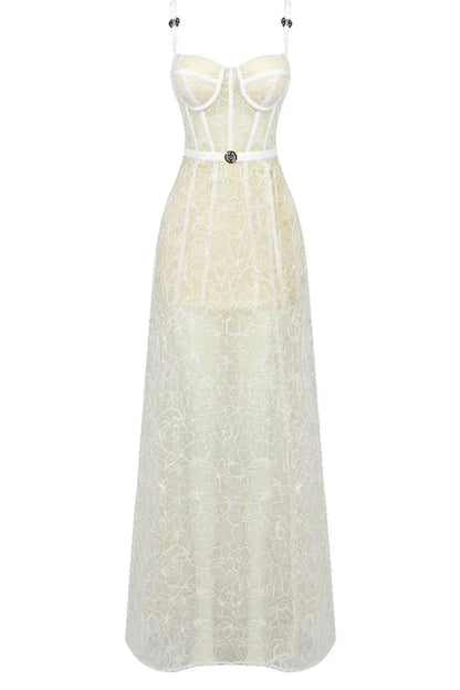 Glamorous Sweetheart Corset Floral Lace Champagne Floor-Length Prom Dress