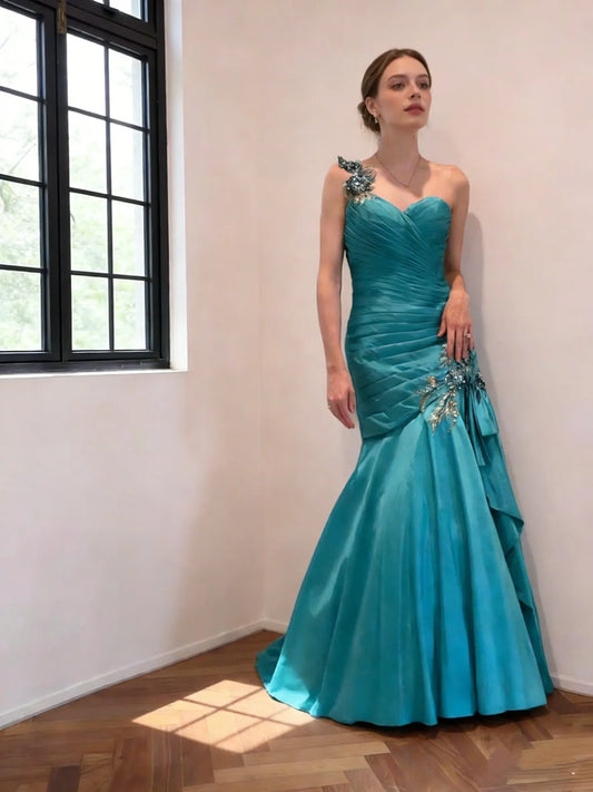Glamorous Teal One-Shoulder Beaded Mermaid Evening Gown