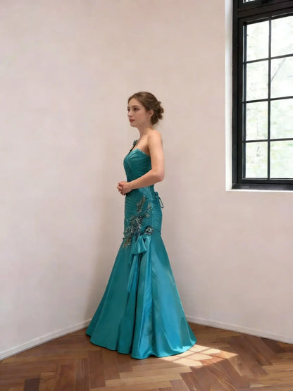 Glamorous Teal One-Shoulder Beaded Mermaid Evening Gown