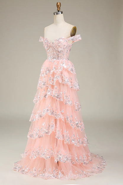 Glamorous Tiered Sleeveless Sequin Blush Pink Long Prom Dress