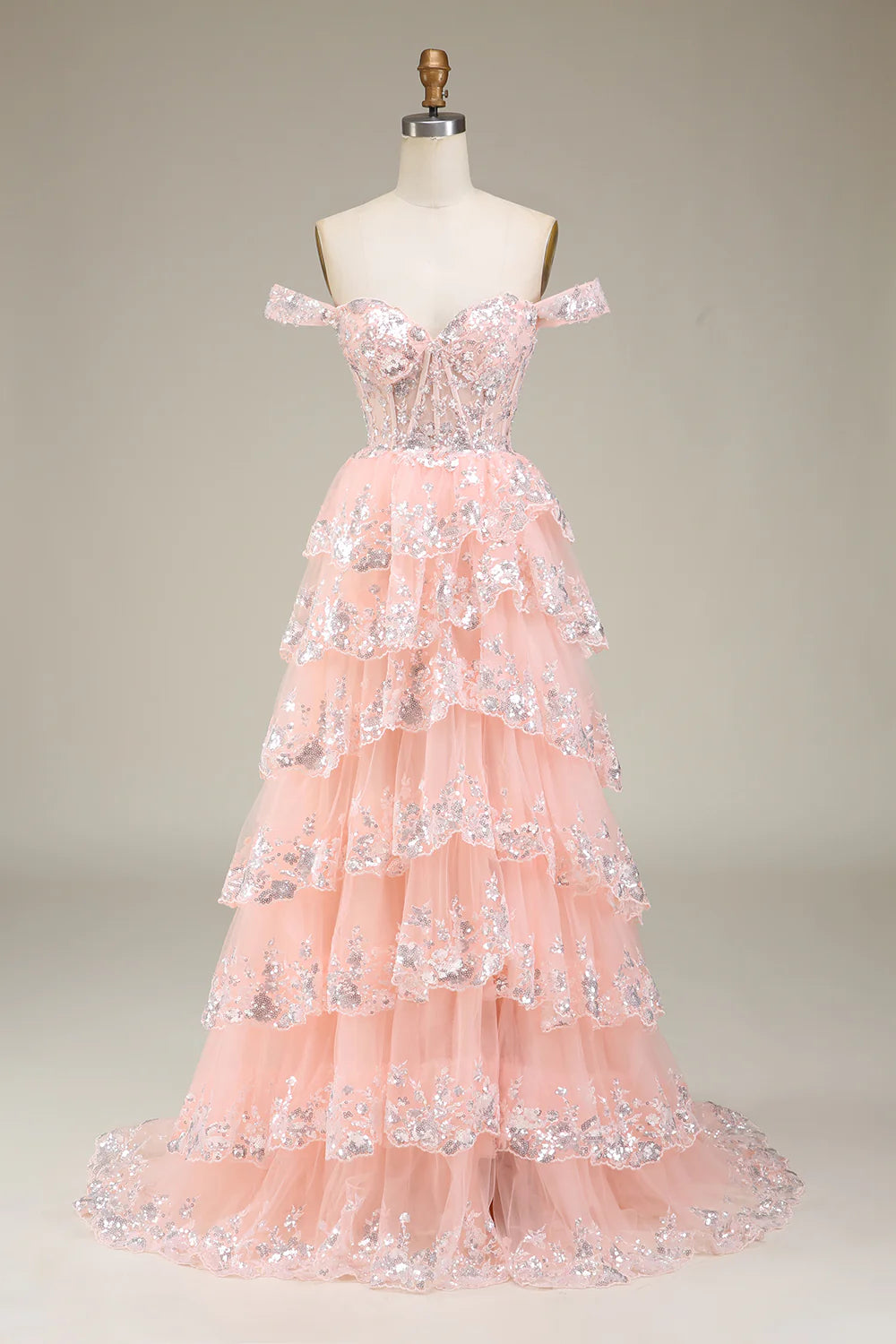 Glamorous Tiered Sleeveless Sequin Blush Pink Long Prom Dress