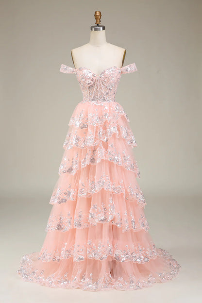 Glamorous Tiered Sleeveless Sequin Blush Pink Long Prom Dress