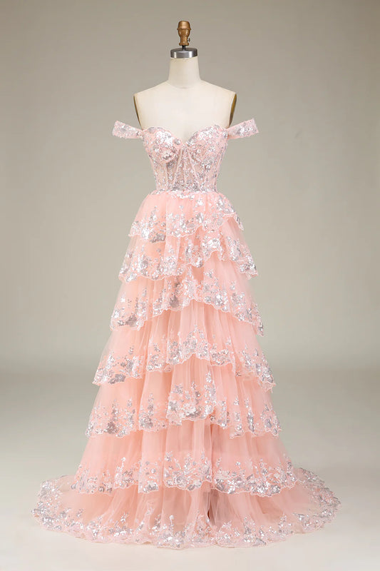 Glamorous Tiered Sleeveless Sequin Blush Pink Long Prom Dress