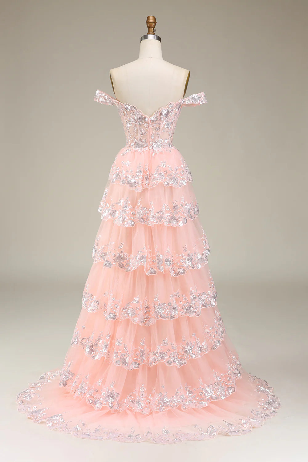 Glamorous Tiered Sleeveless Sequin Blush Pink Long Prom Dress