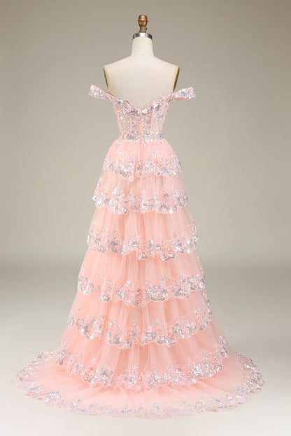 Glamorous Tiered Sleeveless Sequin Blush Pink Long Prom Dress
