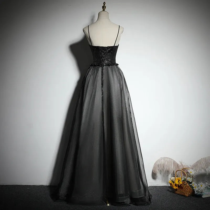 Glamorous Tulle-Satin Long Evening Dress Black Spaghetti-Strap Party Gown for Women